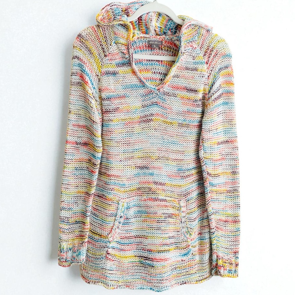 Eddie Bauer‎ Multi Color Crochet Knit Kangaroo Pocket Hooded Lightweight Sweater